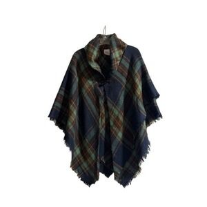Womens Plaid Poncho Cape Shawl Fringe Collar Button Closure Navy Green Brown OS